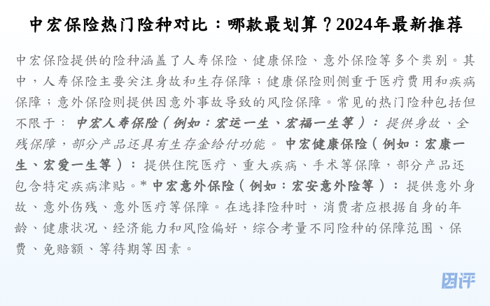 中宏保险热门险种对比:哪款最划算?2024年最新推荐