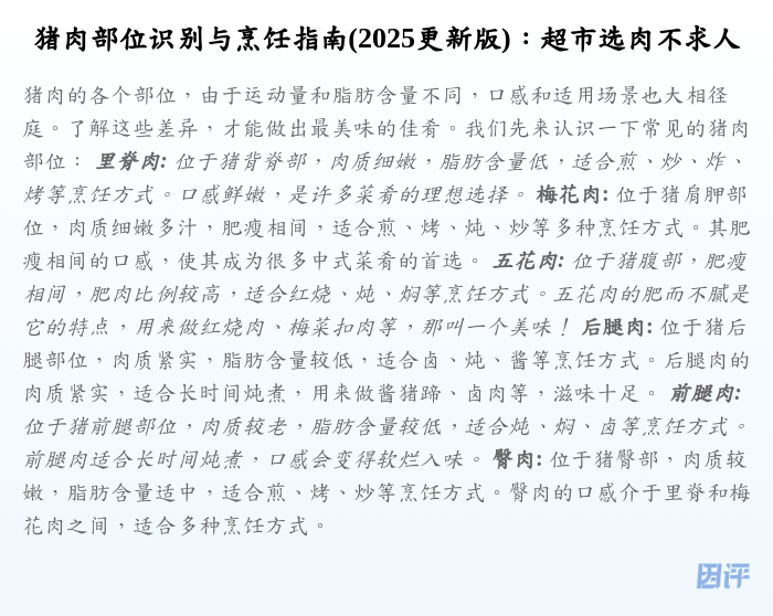 猪肉部位识别与烹饪指南(2025更新版):超市选肉不求人