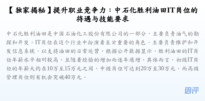 【独家揭秘】提升职业竞争力:中石化胜利油田IT岗位的待遇与技能要求