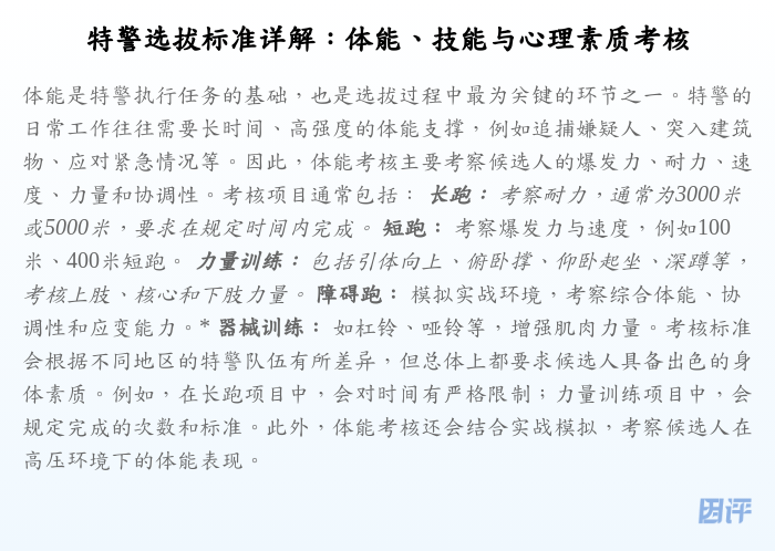 特警选拔标准详解:体能、技能与心理素质考核