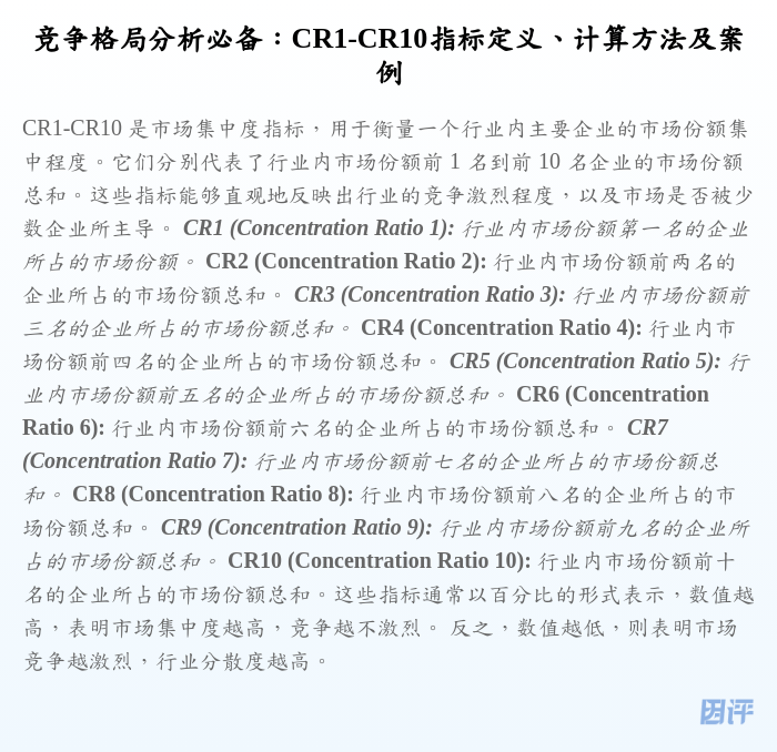 竞争格局分析必备:CR1-CR10指标定义、计算方法及案例