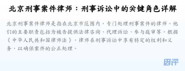 北京刑事案件律师:刑事诉讼中的关键角色详解