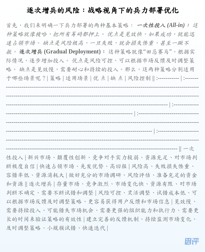 逐次增兵的风险:战略视角下的兵力部署优化