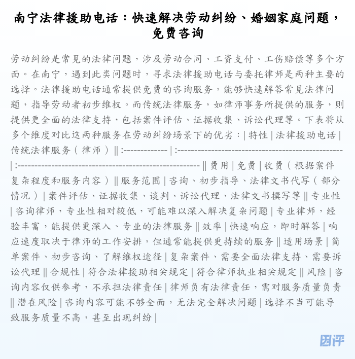 南宁法律援助电话:快速解决劳动纠纷、婚姻家庭问题,免费咨询