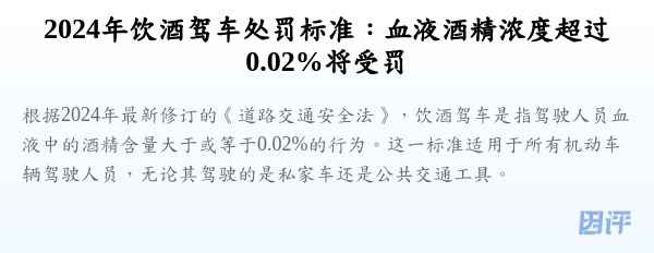 2024年饮酒驾车处罚标准:血液酒精浓度超过0.02%将受罚