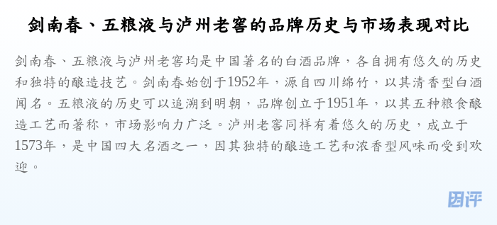 剑南春、五粮液与泸州老窖的品牌历史与市场表现对比