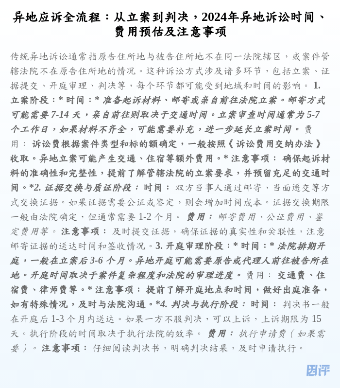 异地应诉全流程:从立案到判决,2024年异地诉讼时间、费用预估及注意事项