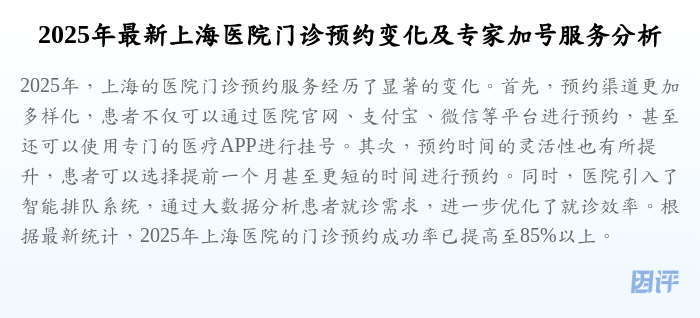 2025年最新上海医院门诊预约变化及专家加号服务分析