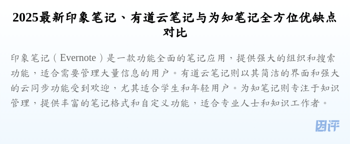 2025最新印象笔记、有道云笔记与为知笔记全方位优缺点对比