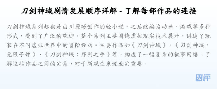刀剑神域剧情发展顺序详解 - 了解每部作品的连接