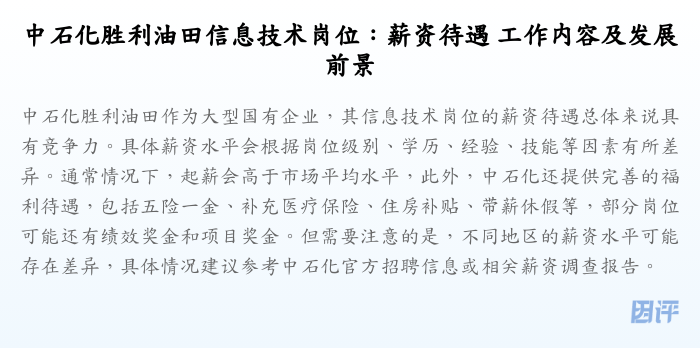 中石化胜利油田信息技术岗位:薪资待遇 工作内容及发展前景