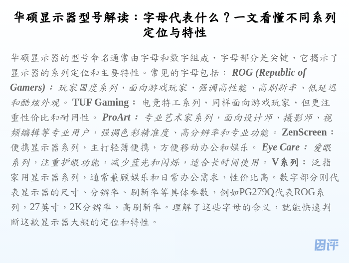 华硕显示器型号解读:字母代表什么?一文看懂不同系列定位与特性