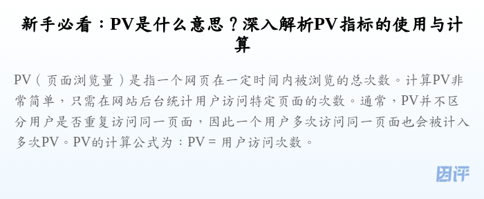 新手必看:PV是什么意思?深入解析PV指标的使用与计算