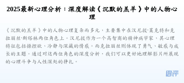 2025最新心理分析:深度解读《沉默的羔羊》中的人物心理