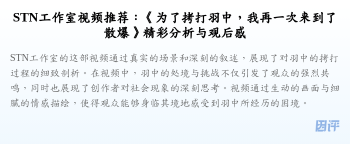 STN工作室视频推荐:《为了拷打羽中,我再一次来到了散爆》精彩分析与观后感