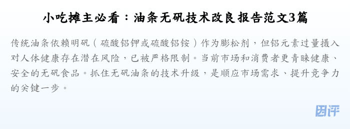 小吃摊主必看:油条无矾技术改良报告范文3篇