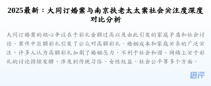 2025最新:大同订婚案与南京扶老太太案社会关注度深度对比分析