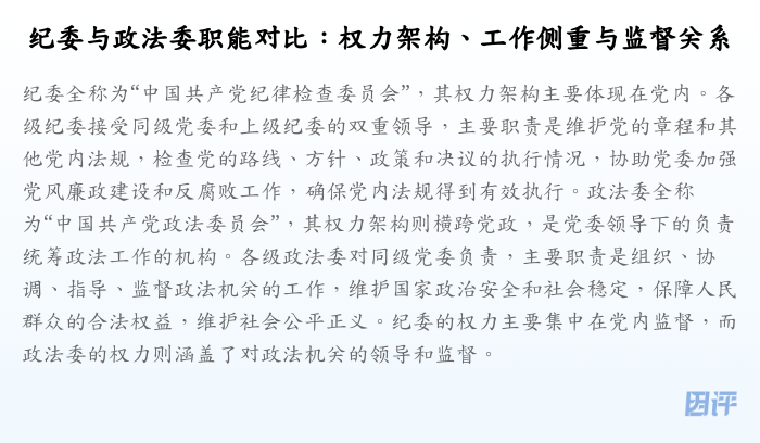 纪委与政法委职能对比:权力架构、工作侧重与监督关系
