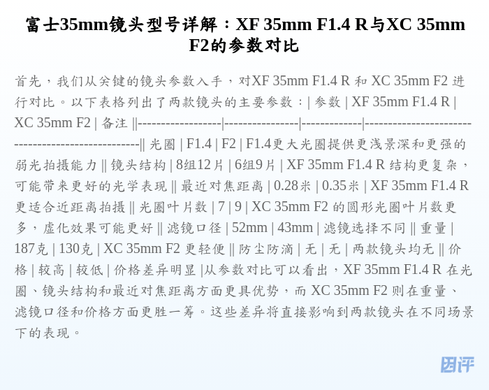 富士35mm镜头型号详解:XF 35mm F1.4 R与XC 35mm F2的参数对比