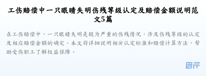 工伤赔偿中一只眼睛失明伤残等级认定及赔偿金额说明范文5篇