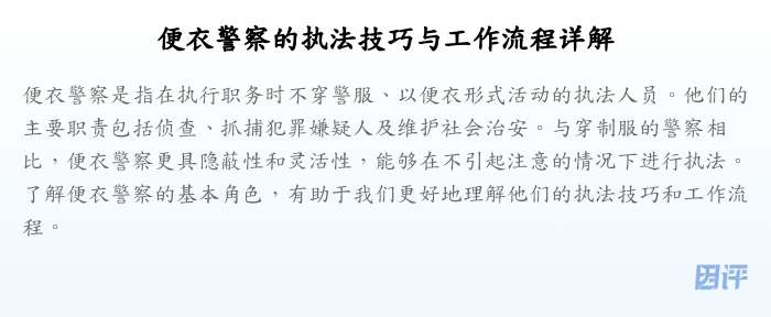 便衣警察的执法技巧与工作流程详解