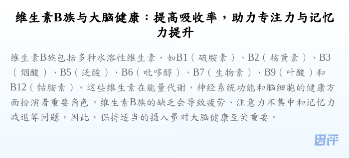 维生素B族与大脑健康:提高吸收率,助力专注力与记忆力提升