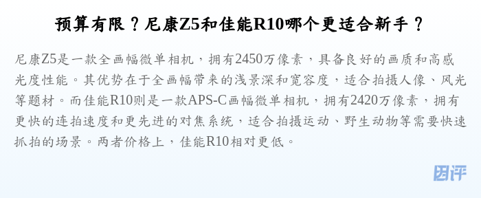 预算有限?尼康Z5和佳能R10哪个更适合新手?