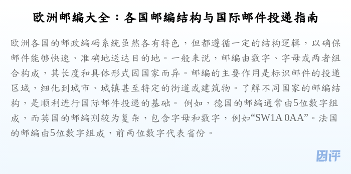 欧洲邮编大全:各国邮编结构与国际邮件投递指南