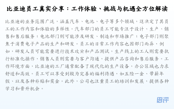 比亚迪员工真实分享:工作体验、挑战与机遇全方位解读