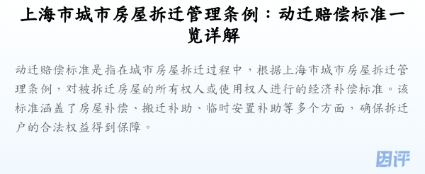 上海市城市房屋拆迁管理条例：动迁赔偿标准一览详解