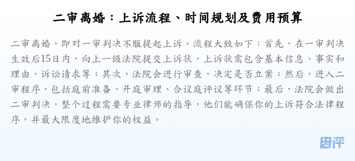 二审离婚:上诉流程、时间规划及费用预算