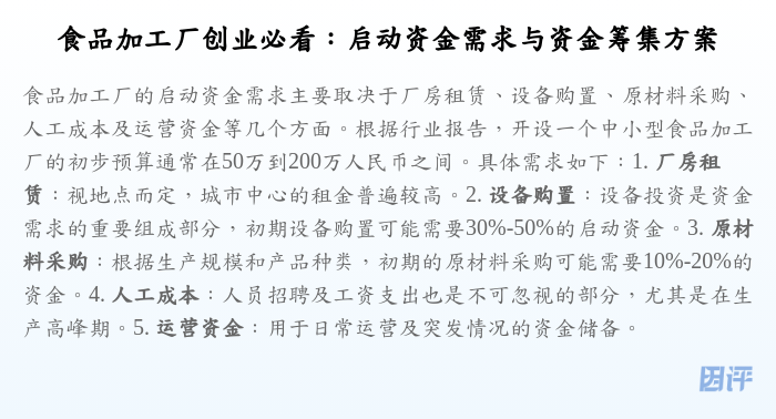 食品加工厂创业必看:启动资金需求与资金筹集方案