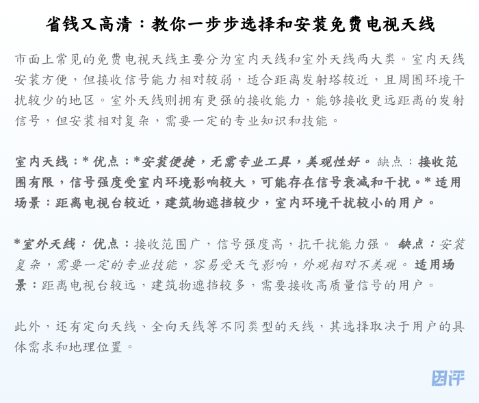 省钱又高清:教你一步步选择和安装免费电视天线