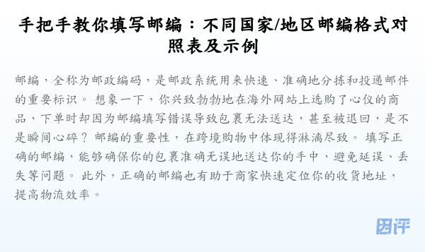 手把手教你填写邮编:不同国家/地区邮编格式对照表及示例