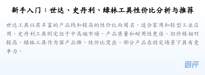 新手入门:世达、史丹利、绿林工具性价比分析与推荐