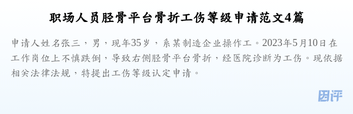 职场人员胫骨平台骨折工伤等级申请范文4篇