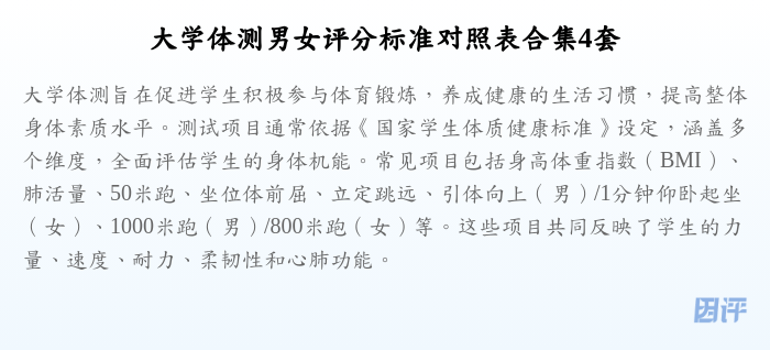 大学体测男女评分标准对照表合集4套