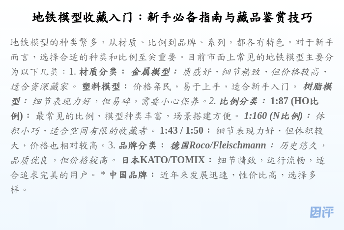 地铁模型收藏入门:新手必备指南与藏品鉴赏技巧