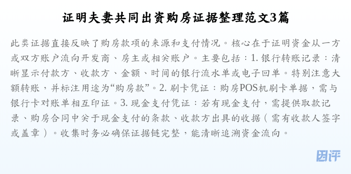 证明夫妻共同出资购房证据整理范文3篇