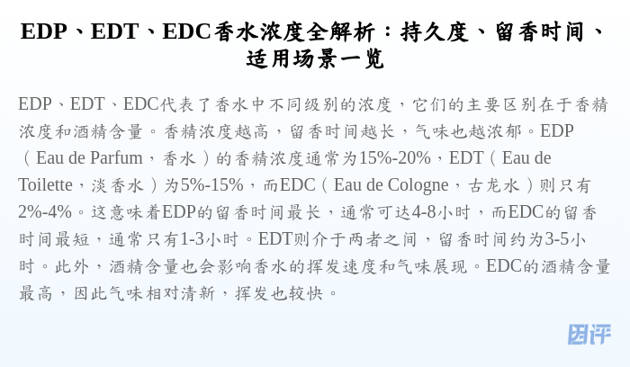 EDP、EDT、EDC香水浓度全解析:持久度、留香时间、适用场景一览