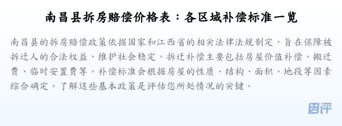 南昌县拆房赔偿价格表:各区域补偿标准一览