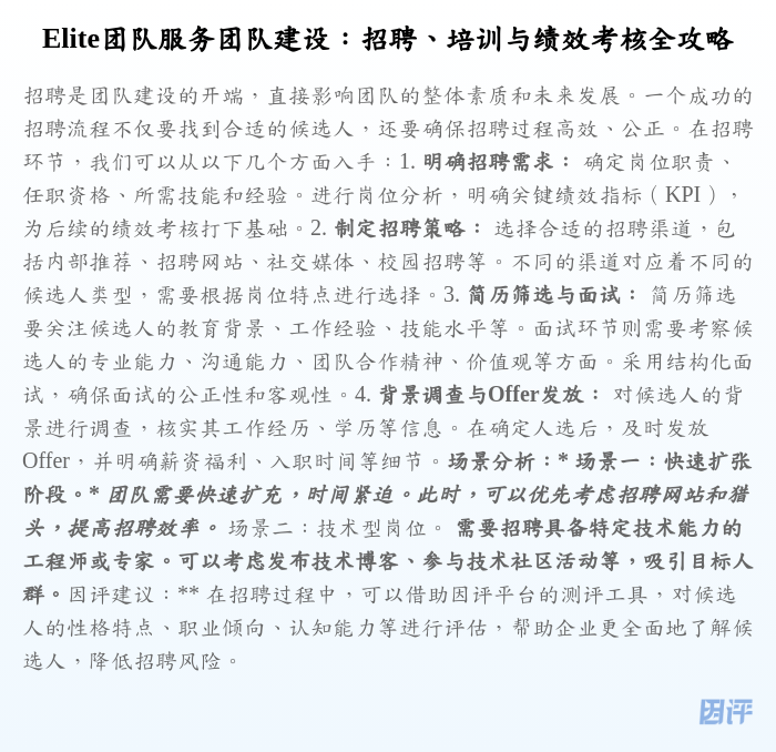 Elite团队服务团队建设:招聘、培训与绩效考核全攻略