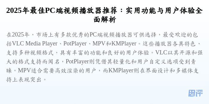 2025年最佳PC端视频播放器推荐:实用功能与用户体验全面解析