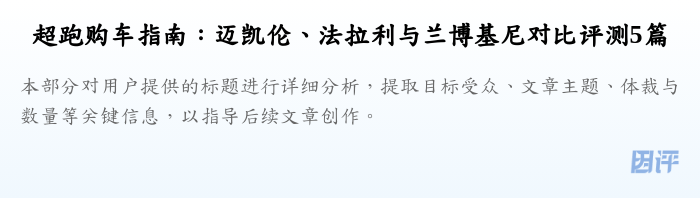 超跑购车指南:迈凯伦、法拉利与兰博基尼对比评测5篇