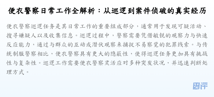 便衣警察日常工作全解析:从巡逻到案件侦破的真实经历