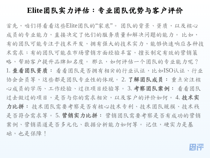 Elite团队实力评估:专业团队优势与客户评价