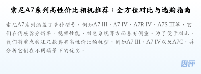 索尼A7系列高性价比相机推荐:全方位对比与选购指南