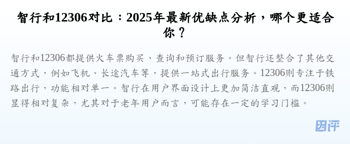 智行和12306对比:2025年最新优缺点分析,哪个更适合你?