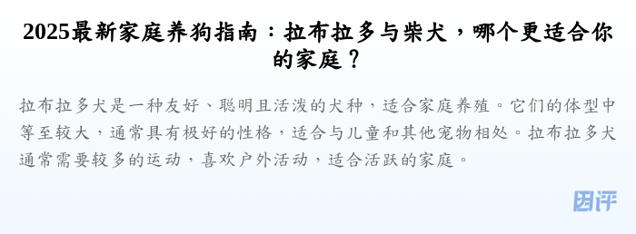 2025最新家庭养狗指南:拉布拉多与柴犬,哪个更适合你的家庭?