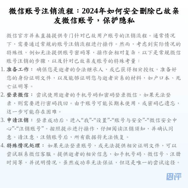 微信账号注销流程:2024年如何安全删除已故亲友微信账号,保护隐私